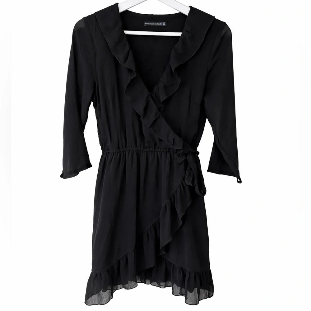 Abercrombie & Fitch Black Ruffle Wrap Long Sleeve Mini Dress Size ST - Picture 1 of 7